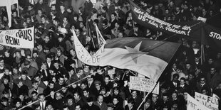 Massen von Menschen tragen Plakate und die Flagge von Nord-Vietnam