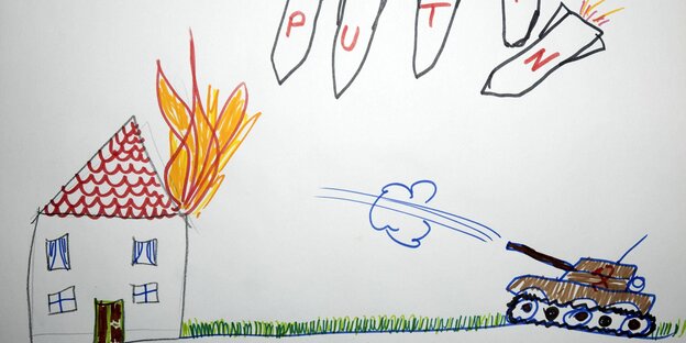 Kinderbild eines Panzer- und Bombenangriffs auf ein Haus