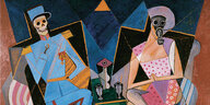 Ein kubistisches Gemälde einer Frau mit Gasmaske und dem Tod in Uniform
