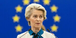 Portrait Ursula von der Leyen vor EU-Flagge