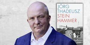Das Bild zeigt Jörg Thadeusz und sein neues Buch „Steinhammer“.