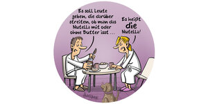 Illustration: Ein Paar sitzt am Frühstückstisch. Er sagt, dass es Leute gibt, die sich darüber streiten, ob Nutella mit oder ohne Butter gegessen werden soll. Sie entgegnet: Das heisst die Nutella.