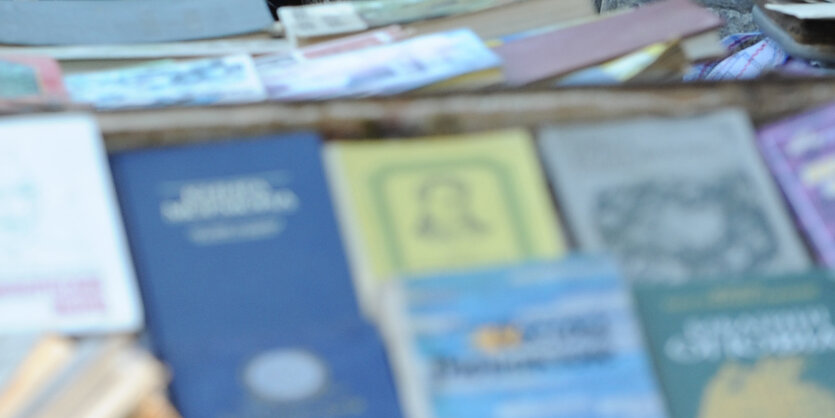 Ein kniender Mann schaut sich ein Buch auf einem Bücherstand in Lwiw unter freiem Himmel an. Eine Verkäuferin sitzt auf einem Hocker daneben.