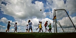 Mädchen und Jungen spielen gemeinsam Fußball vor einem Tor.