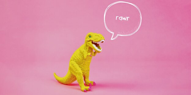 gelber Dino mit rosa Krallen auf rosa Hintergrund und Sprechblase rawr