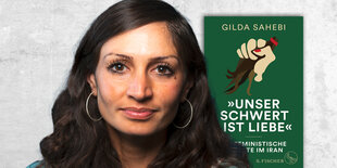 Links ist ein Portrait der Autorin Gilda Sahebi zu sehen, rechts von ihr das Cover zu ihrem Buch 