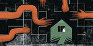 Illustration eines Hauses, eine einsame Frau steht am Fenster, ringsherum ist ein Labyrinth aus Fragmenten von Hakenkreuzen, Händen und Fäusten