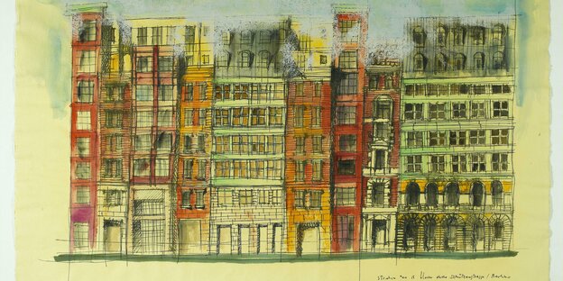 Eine bunte Skizze Aldo Rossis zeigt die Fassaden des Quartiers Schützenstraße