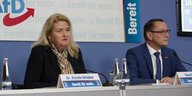 Tino Chrupalla und Kristin Brinker in der Bundespressekonferenz zur Wahlnachlese nach der Berlin-Wahl