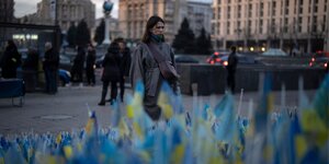 Eine Frau bleibt stehen und betrachtet die ukrainischen Flaggen, die zum Gedenken an die Gefallenen des Krieges in der Nähe des Maidan-Platzes im Zentrum von Kiew aufgestellt wurden.