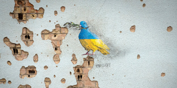 Einschusslöcher sind an einer Wand zu sehen, auf der ein Kunstwerk des berühmten Straßenkünstlers TvBoy, das eine Taube in den ukrainischen Nationalfarben mit einem Olivenzweig zeigt, zu sehen ist.
