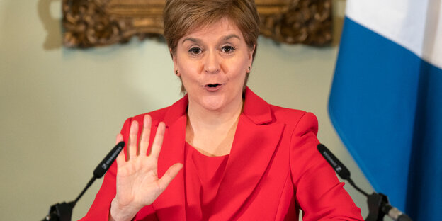 Scotland's First Minister Nicola Sturgeon at a press conference