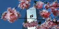 Ein Turm der Deutschen Bank in Frankfurt am Main, vor der Linse sind Kirschblüten zu sehen