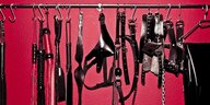 Sexspielzeug aus schwarzem Leder vor einer roten Wand