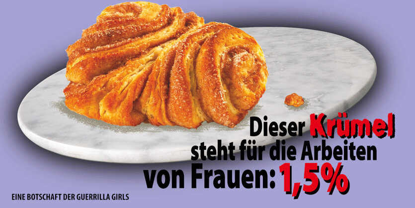 Unter einem Teller mit einem Franzbrötchen und einem Krümel steht: Dieser Krümel steht für die Arbeiten von Frauen: 1,5 Prozent