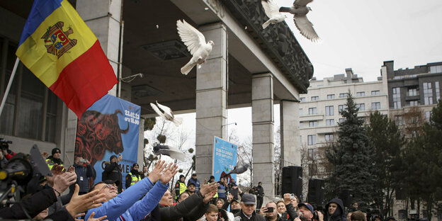 Prorussische Demonstranten lassen in der moldauischen Hauptstadt Chisinau Tauben aufsteigen und demonstrieren so für Frieden