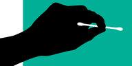 Illustration einer schwarzen Hand, die ein weißes Ohrenstäbchen hält, vor türkisem Hintergrund
