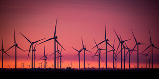 Viele Windräder vor einem roten Abendhimmel