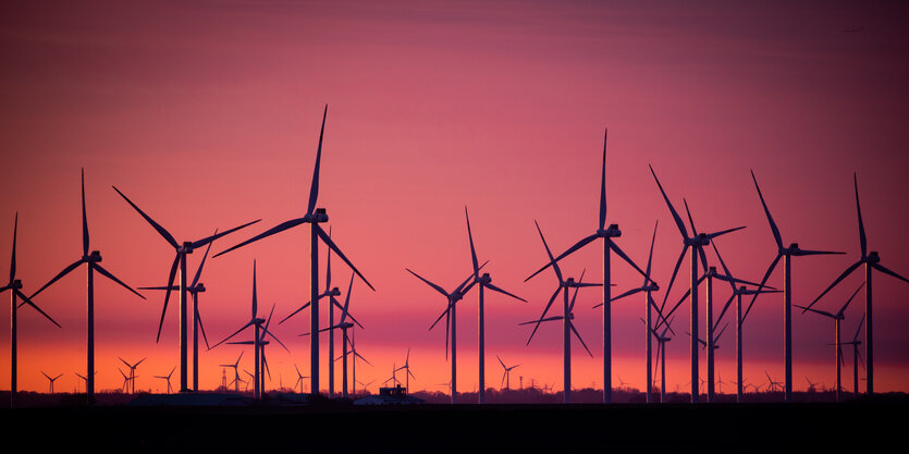 Viele Windräder vor einem roten Abendhimmel