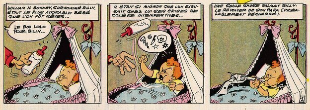 Billy the kid liegt im Kinderwagen und möchte sein Fläschchen nicht trinken. Er bekommt eine Pistole zum Saugen und ist zufrieden
