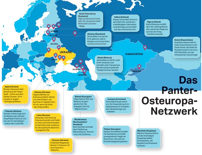 Europakarte mit Orten, an denen die Schreiber:innen der Tagebuchtexte der taz Panter Stiftung leben