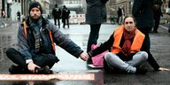 Zwei Aktivisten blockieren eine Straße und halten sich dabei an den Händen