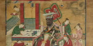 Auf einem Aussschnitt aus einem Rollbild sind traditionelle chinesische Illustrationen zu sehen