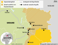 Karte der Ostukraine, hervorgehoben russisch besetztes Gebiet und Bachmut an der Frontlinie