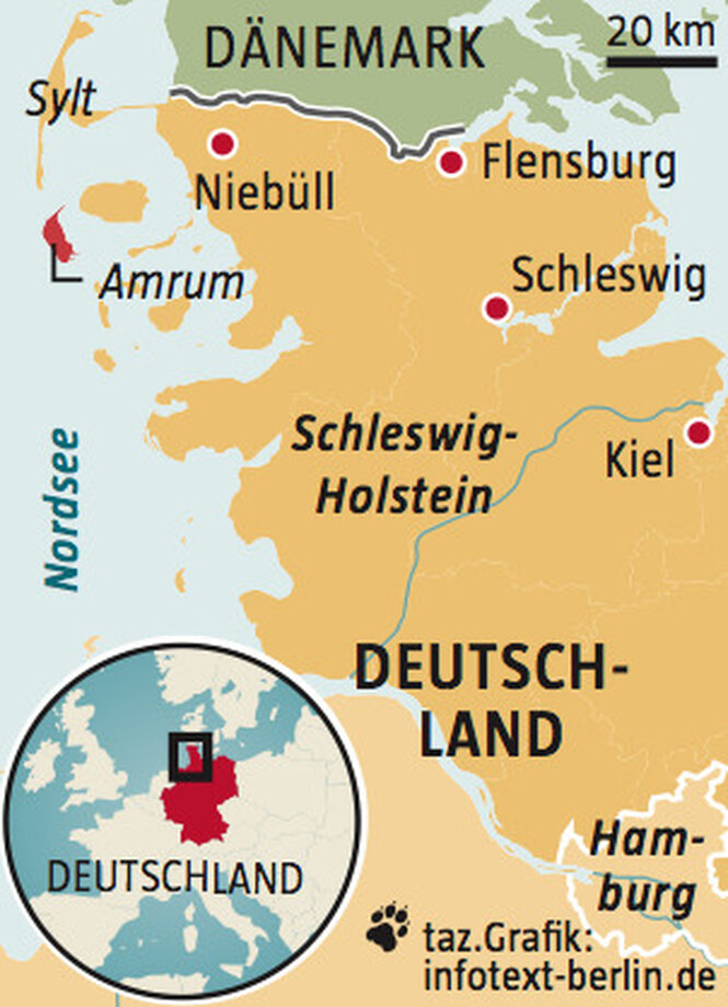 Eine Deutschlandkarte, auf der die Insel Amrum rot markiert ist.