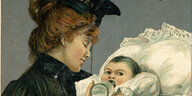Eine Illustration einer Frau mit Richterobe, die ein Baby füttert