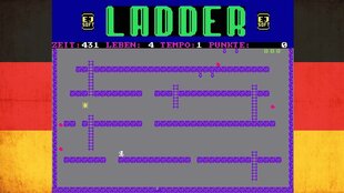 Das Spiel „Ladder“ vor einer schwarz-rot-goldenen Fahne. Au dem Spiel der Schriftzug "Ladder" und Angaben zum Score. Das Spiel besteht aus Stockwerken, die Löcher haben und teilweise mit Leitern miteinander verbunden sind.