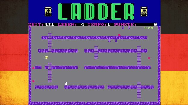 Das Spiel „Ladder“ vor einer schwarz-rot-goldenen Fahne. Au dem Spiel der Schriftzug "Ladder" und Angaben zum Score. Das Spiel besteht aus Stockwerken, die Löcher haben und teilweise mit Leitern miteinander verbunden sind.