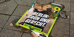 Ein Plakat der Grünen liegt zerrissen am Boden