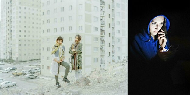 Zwei Fotos, eines zeigt zwei Zwölfjährige vor Hochhäusern nahe Teheran, das andere zeigt eine junge Frau im Dunkeln vor ihrem Handy