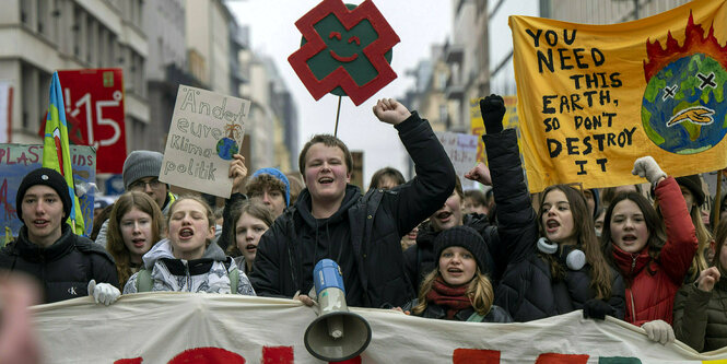 Zahlreiche Menschen mit Schildern und Transparenten nehmen an der Demonstration von Fridays for Future teil