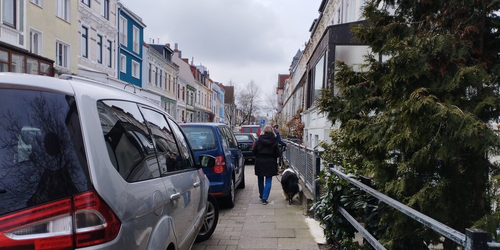 Straße in der Neustadt, eine Frau mit Hund auf dem Gehweg, auf dem Autos mit je zwei Reifen parken