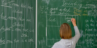 Eine Englischlehrerin einer Grundschule schreibt Unterrichtsinhalte an die Tafel