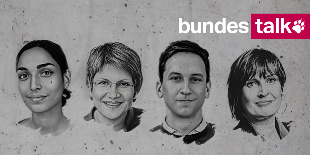 Die Köpfe der taz-Redakteur*innen Jasmin Kalarickal, Sabine am Orde, Tobias Schulze und Anja Krüger