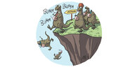 Farbige Illustration: Dinosaurier, die Pauke schlagend auf eine Klippe zulaufen und sich in die Tiefe stürzen