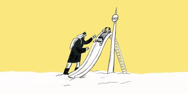 Illustration of a mother and child sitting on a slide.  You can also see the Berlin TV tower