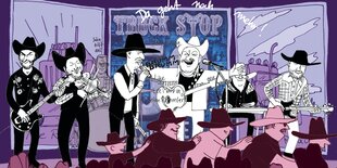 Illustration der Countryband Truck Stop, in blau und rosa gehalten