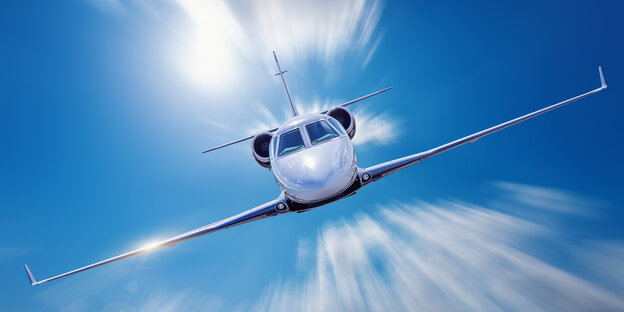 Illustration of a private jet flying towards you at high speed