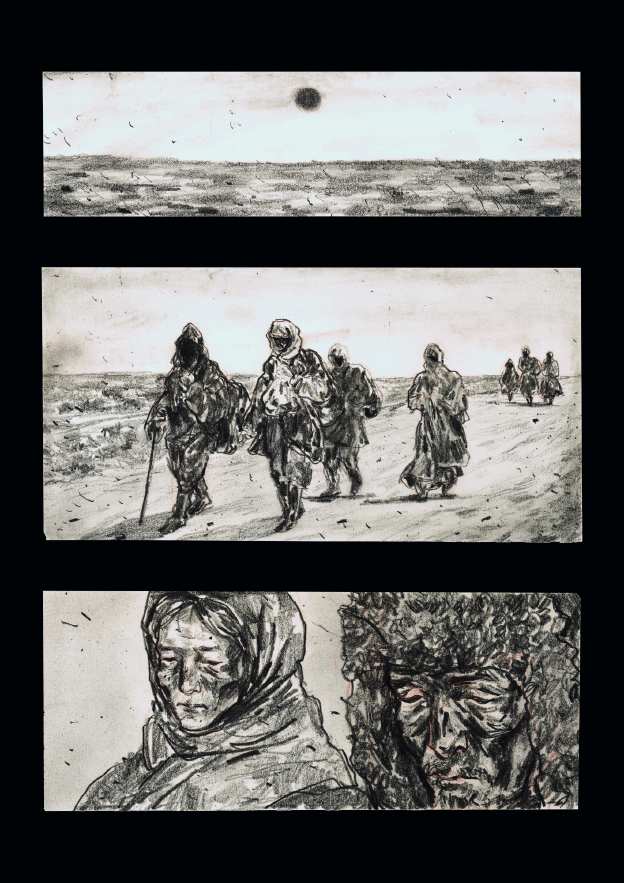 Three drawings on top of each other show a hot desert, people on the move, their faces
