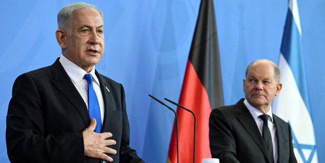 Benjamin Nethanjahu bei der gemeinsamen Pressekonferenz mit Olaf Scholz