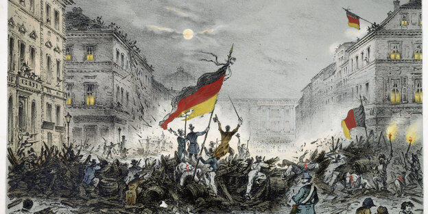 Historical lithograph of people at barricades.  A black, red and gold flag flies in the middle