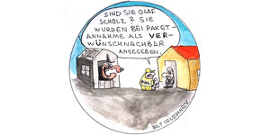 Bunter Cartoon: Aus einem Haus, schaut eine Hexe, vor einem anderen steht Kanzler Scholz. Ein DHL-Bote mit Paket nennt Scholz "Verwünschungsnachbar".