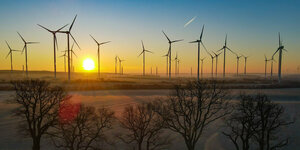 Sonnenaufgang über einen Windenergiepark