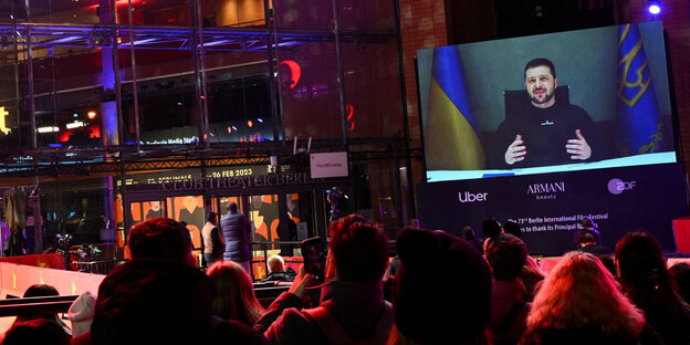 Ukrainian President Volodymyr Zelenskiy, connected via video at the Berlinale opening