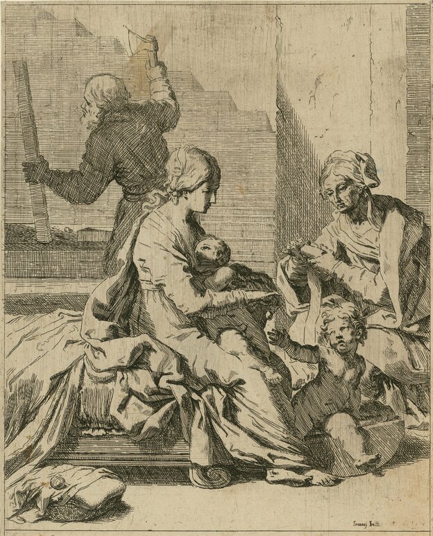 Eine Radierung von zwei Frauen mit Kleinkindern