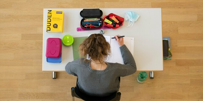 Eine Schülerin sitzt während der Abiturprüfung im Fach Biologie in der Aula